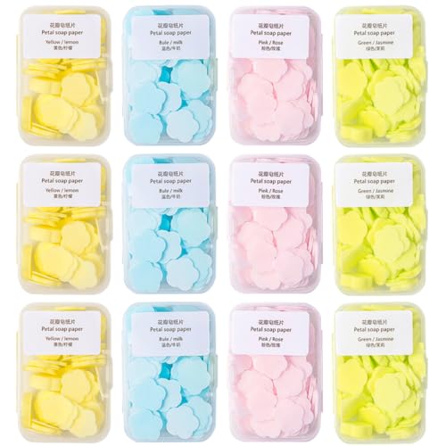 NIYANGLE Hojas de Jabón Desechables Portátiles para Viaje, Copos de Jabón para Limpieza de Manos, 16 Cajas Surtidas Aromas Limón, Leche, Rosa y Jazmín, Ideales para Camping y Actividades