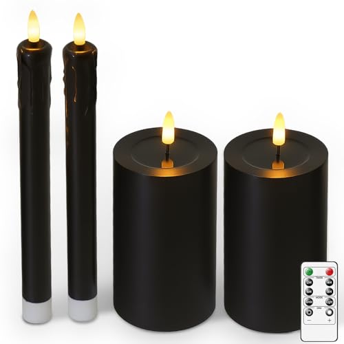 MUMCHASI Black Flameless Candles Battery Operated Candles Real Wax Black LED Candles Flickering Remote Control for Home Fall Halloween Decor Party Gifts Set of 4