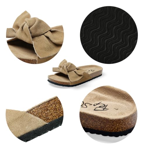 Image of PepStep Slide Sandals for Women or Ladies Dressy Summer Casual, Cute Bow Tie Knot On Top Strap, Comfy Slip On Cork Foot Bed