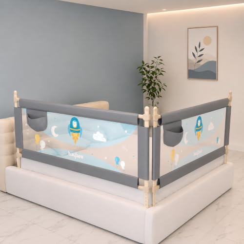 Image of BAYBEE Baby Bed Rails Guard Kids Safety (150x63 cm) | Portable Bed Rail Falling Protector Fence with 7 Adjustable Heights | Foldable BedRail for Newborn Boys Girls (Pack-2, Grey)