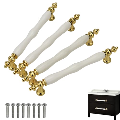 Pomos de cerámica blanca vintage para cajones de muebles, manijas de cajón de un solo agujero con tornillos, 4 piezas (agujero doble, distancia entre agujeros de 128 mm)