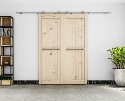 DIYHD 2503SF 10FT Stainless Steel Double Sliding Barn Door Hardware Soft Close Top Mount Roller Brushed Indoor Bi-Parting Wooden Door Sliding Track