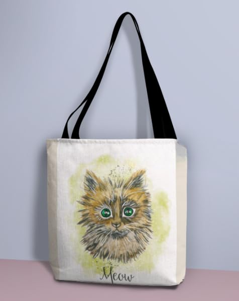 Aim D Game, Cat Design Tote Bag with Black Handles, Watercolor Art Print, Reusable Shopping Bag Canvas Tote Bag for Grocery, College, Office & Shoulder Handbag Travel Bag for Men and Women 3