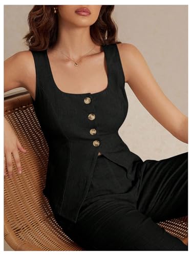 SHENHE Women's Linen Square Neck Button Up Tank Top Dressy Summer Vest Sleeveless Top4