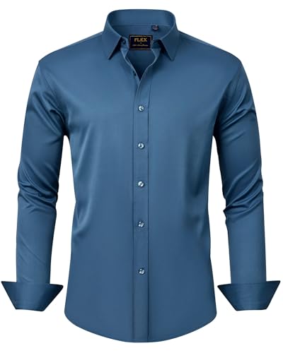J.VER Men's Dress Shirts Solid Long Sleeve Stretch Wrinkle-Free Formal Shirt Business Casual Button Down Shirts Dark-Blue XL