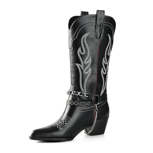 iiimmu Cowboy Boots for Women with Chain, Pointy Toe Chunky Heel Women's Riding Boots with Embroidered, Pull on Style Western Boots, Size 8
