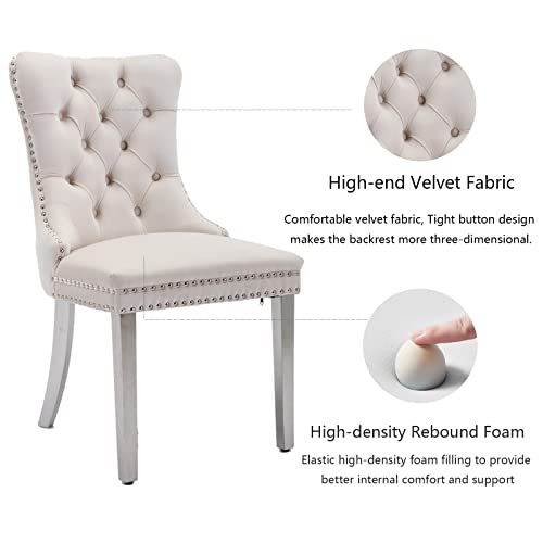 Dining Room Chairs Set Of 4, Velvet Upholstered Dining Chairs With Back Ring Pull Trim And Sliver Stainless Steel Legs,Modern Dining Chair Perfect For Dining Room,Living Room,Kitchen(Beige) #TOP3