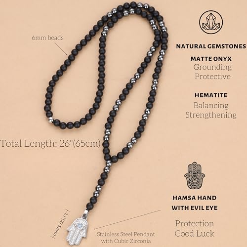 GAVU 6mm Men's Evil Eye Hamsa Hand Pendant, Matte Onyx Necklace for Men, Hematite Beaded Necklace for Men3