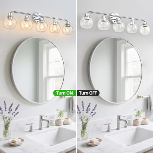 Image of Bathroom Light Fixtures Chrome Vanity Light Silver 5 Light Modern | Wall Sconces Lighting Bathroom Lights with Globe Glass Shades Bath Wall Lights for Mirror Kitchen Living Room Hallway 34.5 inch