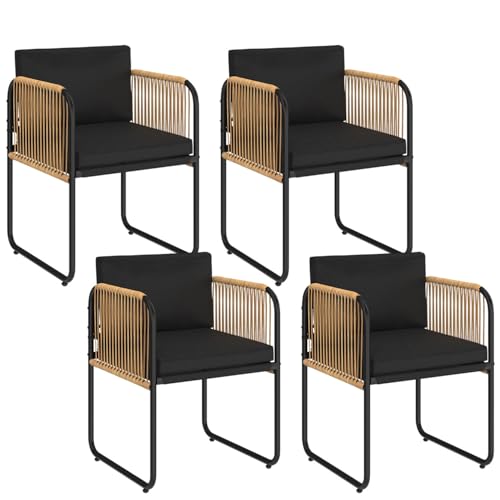 IDMarket - Lot de 4 chaises de Jardin Rio Structure métal Noir, Cordage Effet rotin Clair et Coussins Noirs
