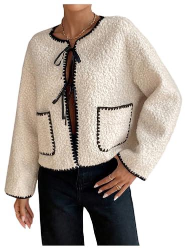 Verdusa Women's Bow Tie Teddy Coat Faux Fur Long Sleeve Jacket Outerwear with Pockets