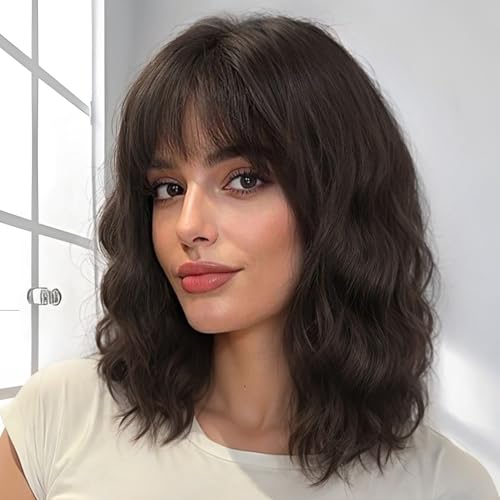 Image of Nnzes Short Wavy Bob Wig with Bangs for Women Shoulder Length Curly Soft Brown Synthetic Heat-Resistant Fiber Hair for Daily & Party Use