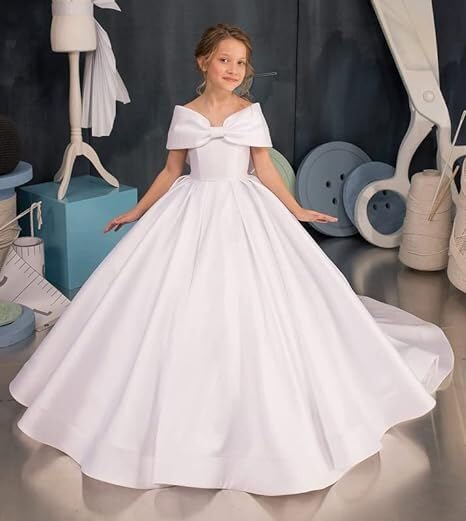 Flower Girl Dresses for Wedding Off Shoulder Satin Princess Pageant Dresses Sleeveless Ball Gown with Bowtie3