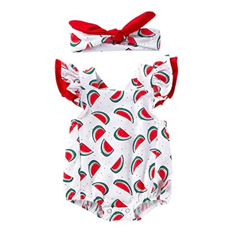 Baby Girl One Piece Outfits Newborn Bodysuit Sleeveless Romper Watermelon Print Backless Ruffle Clothes with Headband, Red Watermelon, 13-18 Months Cover