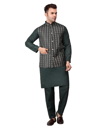 Image of Men's Cotton Silk Blend Regular Kurta Pyjama, Embroidered Nehru Jacket /Waistcoat Set