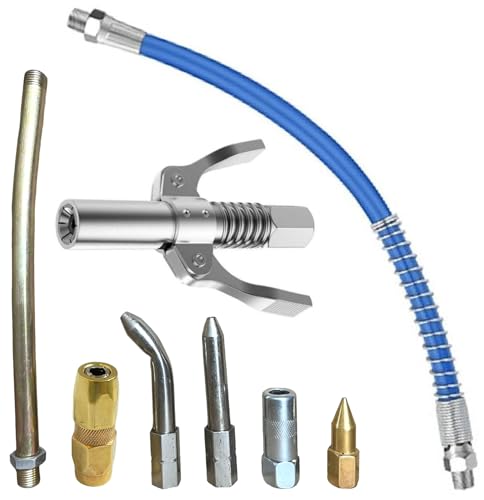 Image of Grease Gun Coupler 10000 Psi With 15inch Flexible Blue Hose Pipe, 5Pc Grease Nozzles