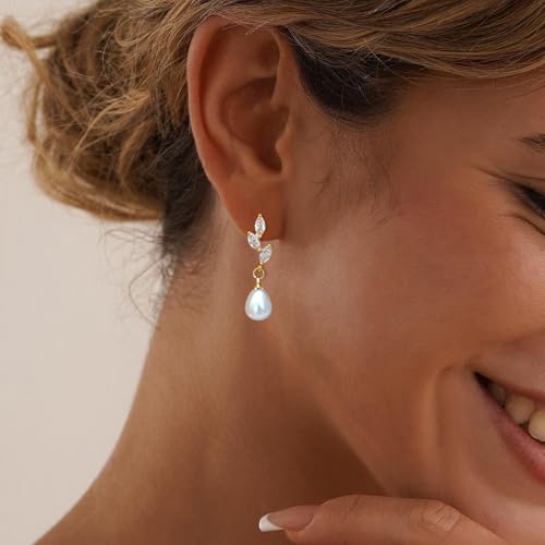 Gold Dangle Earrings for Women, 14k Pearl Drop Earrings Leaf Flower Pearl Gold Earrings for Women Trendy Cute Prom Bridal Earring Dangling Long Pearl Earring Wedding Jewelry Gift3