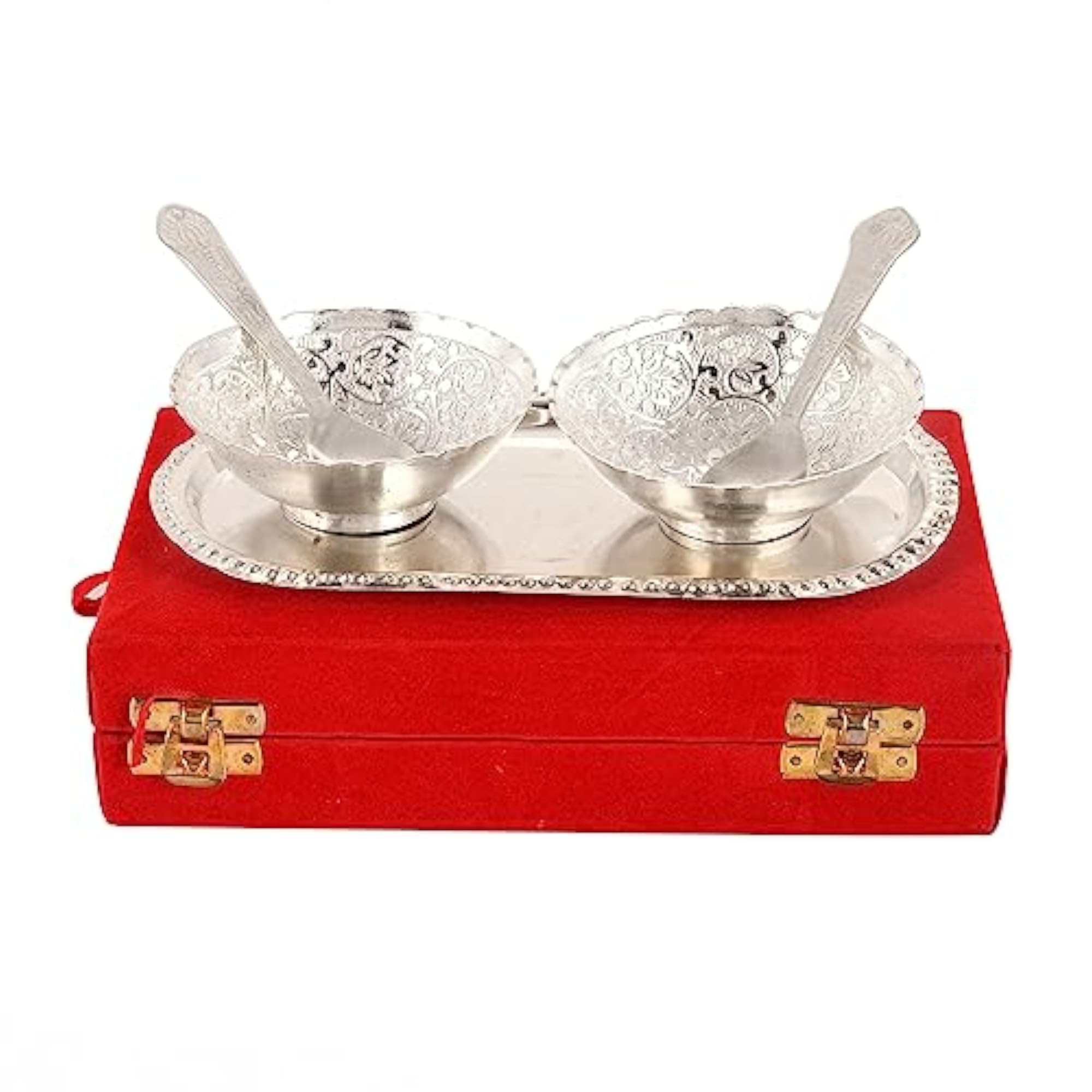 Gift Combo Set: Rakhi with German Silver Bowl Set & Velvet Box
