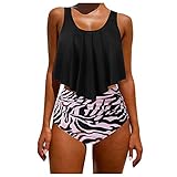 Traje de baño para mujer, 2 piezas, con volantes y un conjunto de bikini bajo color liso, Negro , L