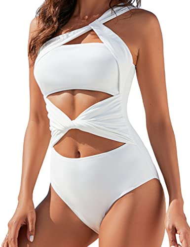Blooming Jelly Women's One Shoulder Swimsuits Sexy One Piece Bathing Suit White Slimming Swimsuits Monokini Twist Swimwear (Medium, White) #TOP21