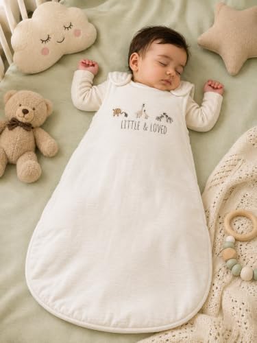 Image of TuddyBuddy Baby Cotton Wearable Quilted Sleeping Bag Blanket 1.5 Tog with 1 Way Zipper Closure | Ideal for Babies & Kids Hypoallergenic Fabrics | (Little & Loved - White, 0-6 Months)