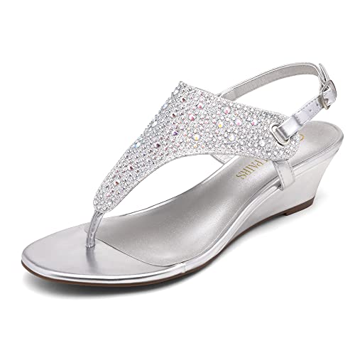 Image of DREAM PAIRS Women's Wedge Thong Sandals, Summer Rhinestone Dress Shoes for Wedding