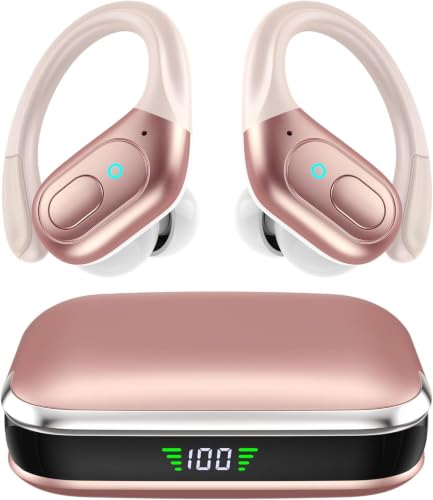 Image of sajawass Wireless Earbuds Bluetooth 5.4 Headphones, IPX7 Waterproof Earphones, Over-Ear Earphones, Noise Canceling Ear Buds with 75hr Playtime, LED Power Display for Sports /Workouts - Rose Gold