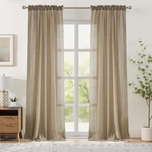 Melodieux Tan Beige Sheer Curtains 84 Inches Long for Bedroom