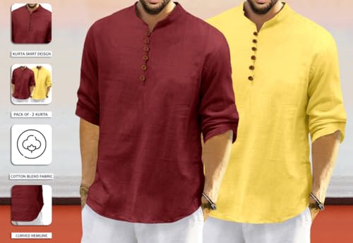 Image of ROYALSCOUT Men's Cotton Polyester Blend Solid Regular Fit Full Sleeve Short Kurta | Ethnic, Lightweight Summer Kurta for Daily & Occasion Use