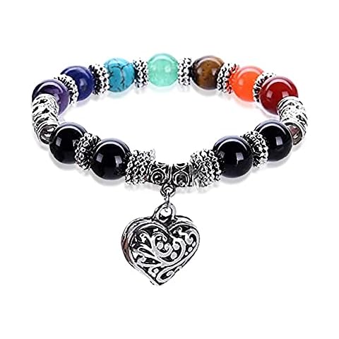 Hithop 10MM 7 Chakra Religion Healing Balance Stone Beaded Bracelet Yoga Reiki Charm Heart Bracelets Cover