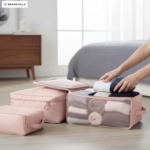 Image of BRAND VILLA 7 Pcs Travel Organizer Set Packing Cubes Luggage Organizer Bags with Shoe Bag, Laundry Pouch & Toiletry Bag for Clothes, Shoes, Accessories, Lightweight Travel Storage for Suitcase (Pink)