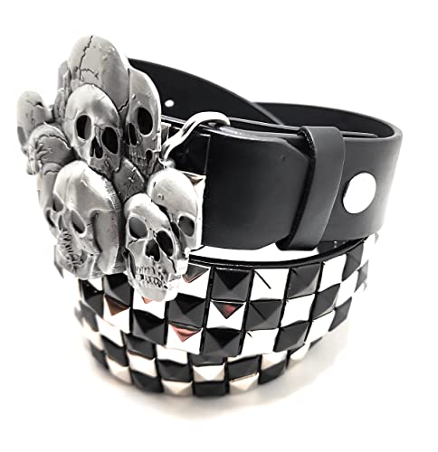 Skull Pile Belt Buckle and Chrome Black Pyramid Studded Leather Belt3