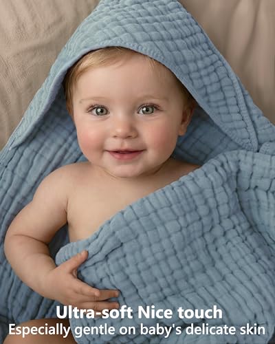 Image of Baby Bath Towels, 100% Muslin Cotton Hooded Baby Towels for Newborn, 2 Pack Baby Towels with Hood for Infant Toddler and Kids, Large 32x32Inch Unisex Bath Essentials, Soft and Absorbent