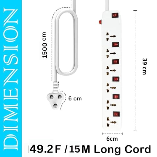 Image of FEDUS 49.2 Feet(15M) Long Extension Board Extension Box | Spike Guard 6 Socket 6 Switch Junction Box with Switch, Extension Cords Cord, Spike Buster, Extension Board with 15m Wire (6 Socket 6 Switch)