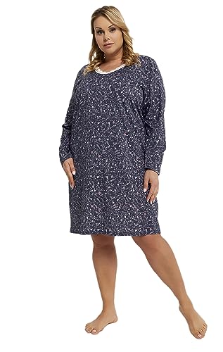 Italian Fashion IF Flora Damen knielanges Nachthemd Langarm aus 100% Baumwolle,dunkelblau mit Blumen, Gr. XL