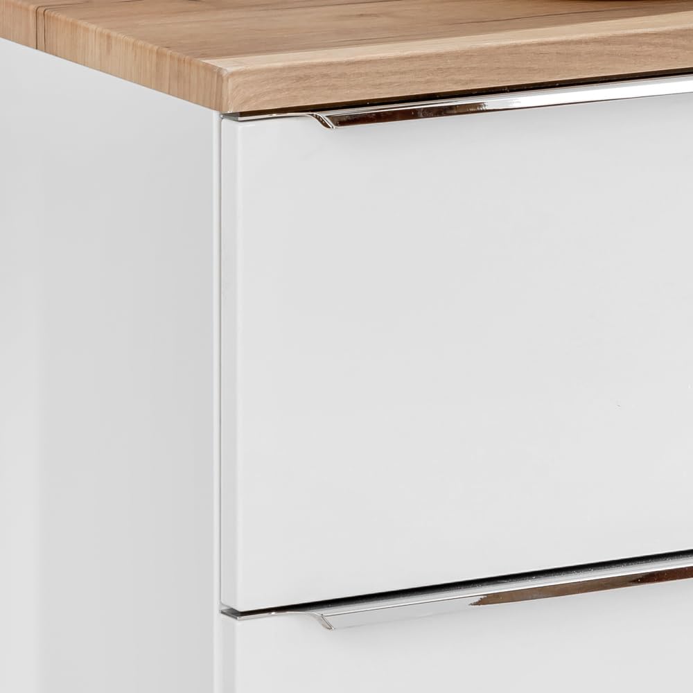 Lomadox Doppel-Waschtisch Set, Unterschrank Hochglanz weiß Wotaneiche, 2 Keramik-Waschbecken, 4 Softclose-Schubkästen, Regal, B/H/T ca.: 141/74,5/46 cm