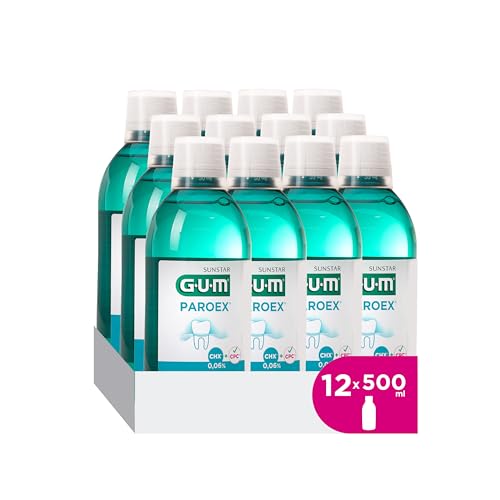 GUM PAROEX 0,06% Pflege- Mundspülung | fortschrittliche Zahnfleischpflege | Zweifach-Antiplaque-System | beruhigt empfindliches Zahnfleisch | alkoholfrei | 12 x 500