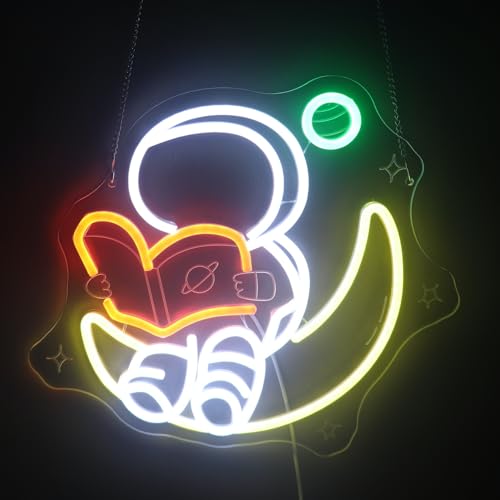 Image of Nordstylee Astronaut Reading on Moon Neon Sign for Kids Room Study - Bookish LED Wall Art, Dimmable USB Space-Themed Decor, Unique Wall Hanging