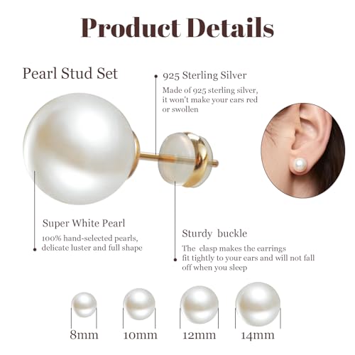 4 Pairs Pearl Stud Earrings 14K Plated Gold Sterling Silver Post Hypoallergenic Earring stud Round Large size Simulated pearl 8mm-14mm Set Earrings for women2