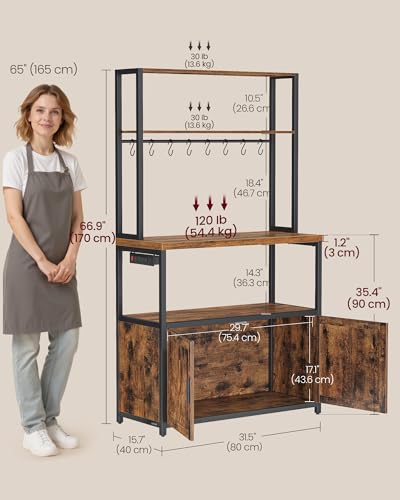 Image of VASAGLE Kitchen Bakers Rack with Power Outlet, Coffee Bar with 35.4-Inch High Worktop, Microwave Stand with 8 Hooks, 15.7 x 31.5 x 66.9 Inches, Rustic Brown and Ink Black UKKS059K01