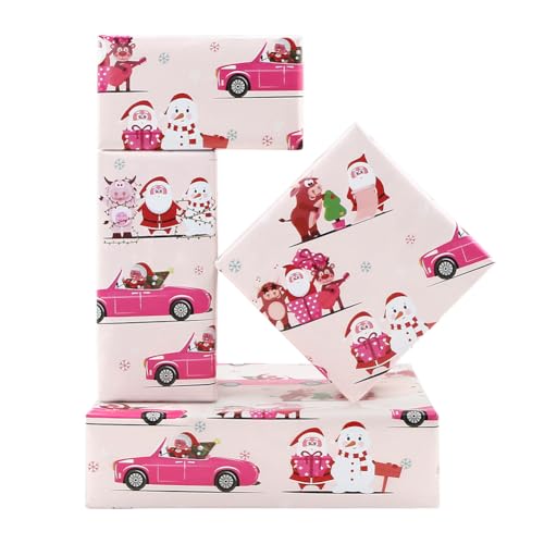 Papier cadeau de Noël rose et motifs festifs de renne, emballage cadeau pour enfants et femmes