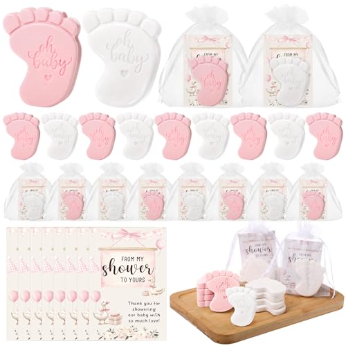 Image of 50 Sets Baby Shower Soap Favors for Guests - Mini Handmade Footprint Scented Soap with Thank You Cards and Organza Bag, Party Gifts for Gender Reveal Baptism(Goose,Pink and White)
