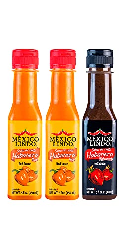 Image of Mexico Lindo Hot Sauce Variety Pack | Includes 2 Bottles of Red Habanero + 1 Bottle of Xxxtra Hot | 5 Fl Oz Bottles (Pack of 3)