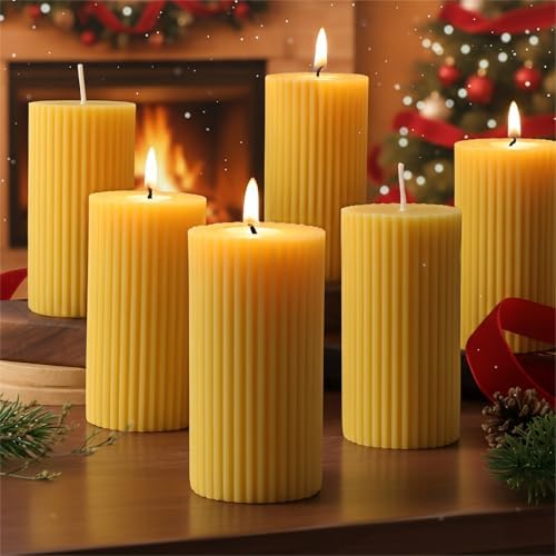 DEVI 6 Pack Pure Beeswax Pillar Candles Bulk-210 Hours, Organic B...