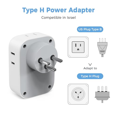 Image of TESSAN US to Israel Plug Adapter, Type H Travel Adaptor | 4 American Outlets,3 USB Charger (1 USB‑C), Ideal for Jerusalem