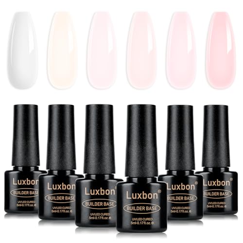 Luxbon 7 EN 1 Builder Base Color Esmaltes de Uñas Semipermanentes Set, 6 Colores Extensión de Uñas Enhancement Nude Gel Gel Polish Pink Peach UV LED Soak Off Nail Art Design Kit 010