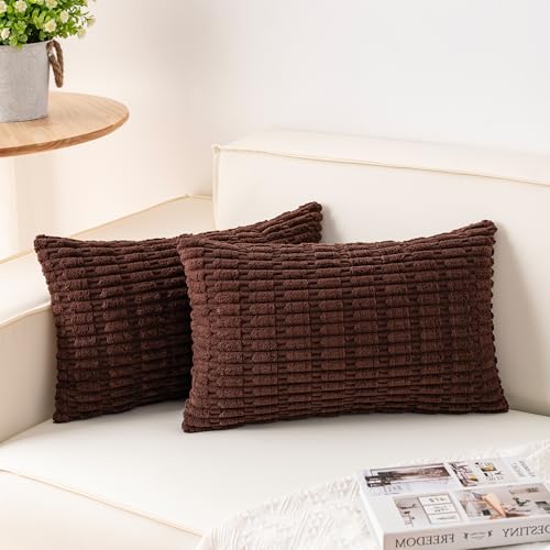 Image of Pack of 2 Corduroy Decorative Throw Pillow Covers 12x24 Inch, Dark Brown | Fall Soft Striped Pillow Covers Modern Farmhouse Home Decor Christmas Throw Pillow Covers for Sofa Living Room Couch Bed