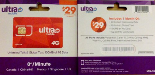 Ultra Mobile Sim Preloaded with 29.99 Unlimited Talk, Text, International Text and Data 100MB on 4G (T-Mobile Network) Plan Red Sim 1000 Free International Minutes