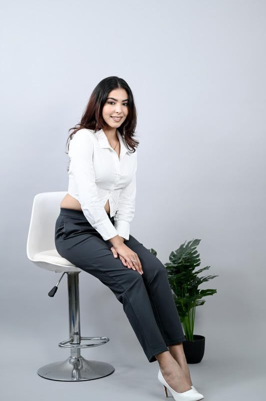 Image of Mlada Straight Fit Cigarette Pencil Pants Elastic Waist Band Mid High Waist Formal Office Trousers for Women, Pockets for Travel Stretch Cotton Knit Full Length Regular /Plus Size