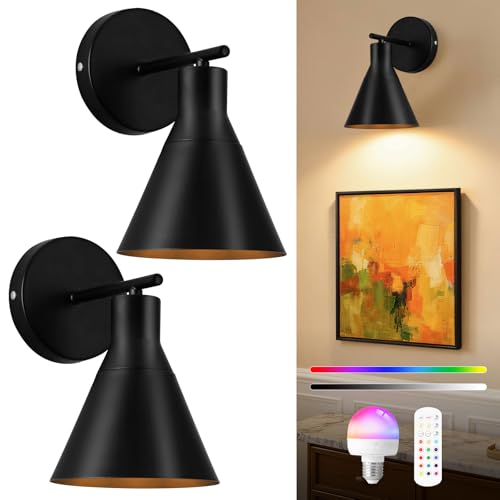 HOJOYRI Modern Wireless Battery Operated Wall Sconces, Black Rechargeable Cordless LED Wall Lights Set of Two, Dimmable Battery Powered Wall Decor Lamp Fixture with Remote Control for Bedroom Indoor - image 1